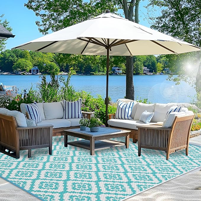 Wallona Outdoor Rugs 8x10 ft Patio Waterproof Clearance Indoor Outdoor Large Carpet for Patio Plastic Straw Reversible Area Rugs Mat for RV, Camping, Balcony, Beach, Picnic, Porch, Brick Green & White