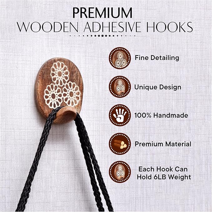 Indian Shelf 6 Lb Decorative Wood Adhesive Wall Hooks–Boho Peel and Stick Hooks