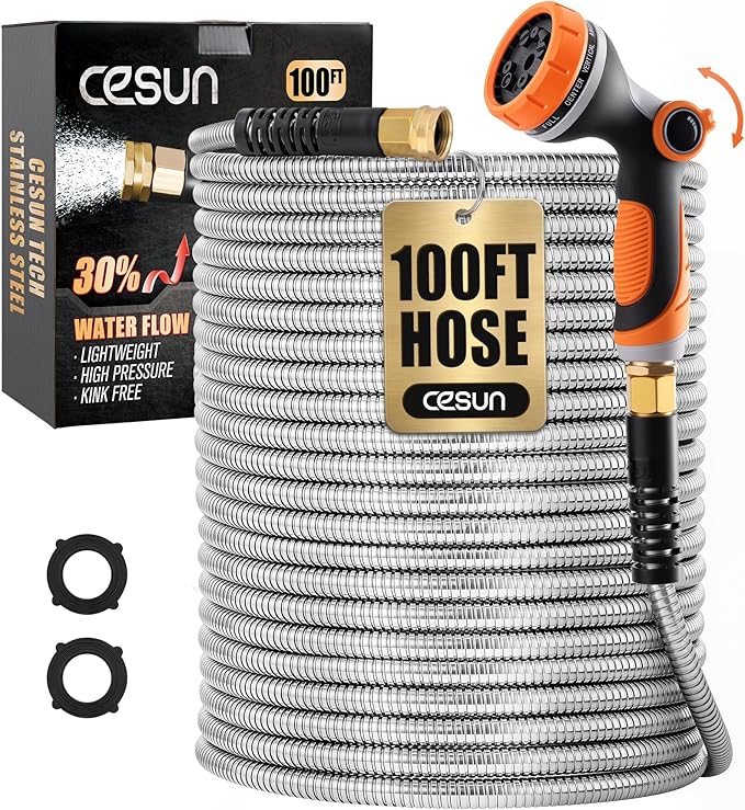 Cesun 100 ft Metal Garden Hose, Stainless Steel Heavy Duty Water Hose With 10 Function Nozzle, No Kink & Flexible, Lightweight and Durable, Rust Proof for Yard, RV, Pet Bath, Outdoor, 100 foot x 5/8"
