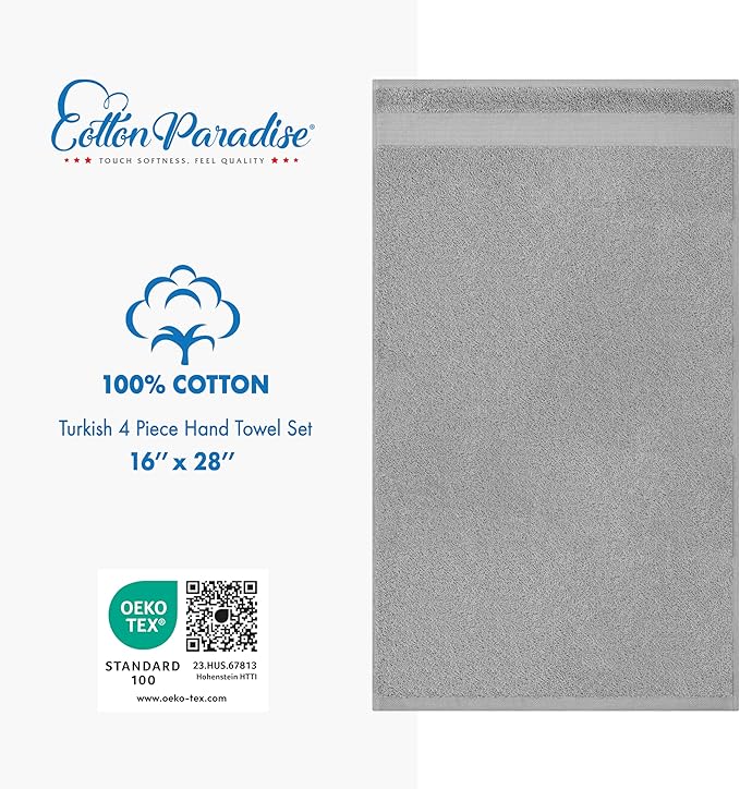 Cotton Paradise Hand Towels for Bathroom, 100% Cotton Turkish 4 Piece Hand Towel Set, Soft Absorbent Face Towels, Light Gray Hand Towels