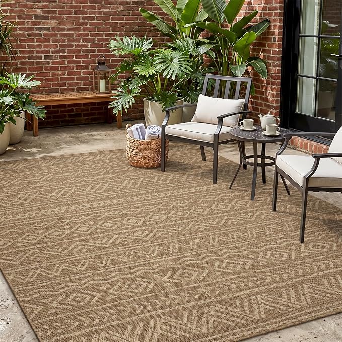 MontVoo-Outdoor Rug-Patio Rug 4x6 Polypropylene Indoor Outdoor Rugs Outdoor Carpet for Patio Deck Balcony Porch, Textured Weave, Durable for High Traffic, Fade-Resistant, Boho Farmhouse Neutral Brown