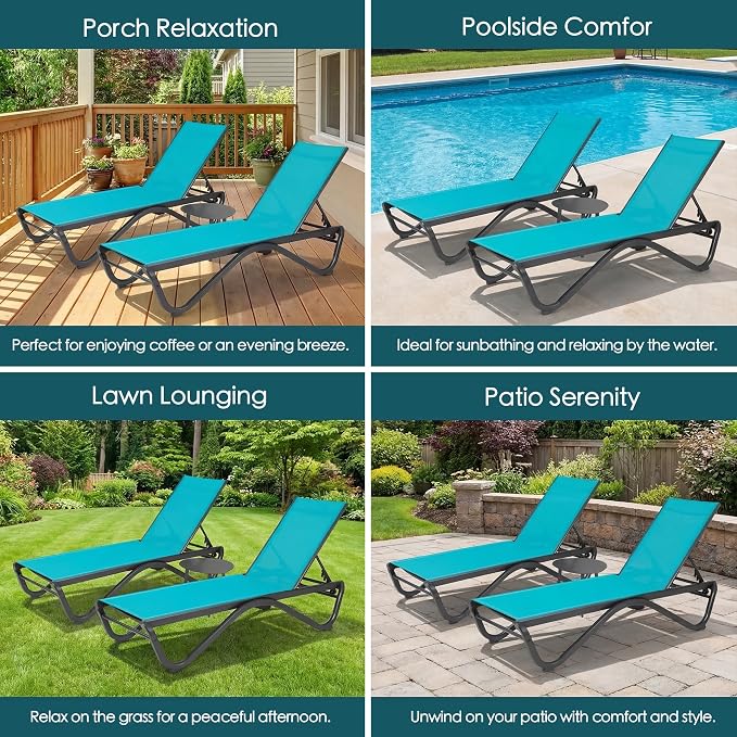 Kozyard Outdoor Chaise Lounge Chair, All Aluminum Frame and Textilene Fabric, Fully Flat Adjustable Reclining Patio Lounger for Poolside, Sunbathing & Backyard, (Aqua)