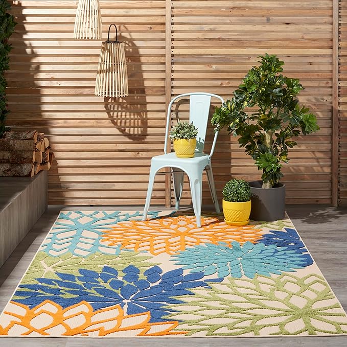 Nourison Aloha Indoor/Outdoor Multicolor 6' x 9' Area Rug, Easy Cleaning, Non Shedding, Bed Room, Living Room, Dining Room, Deck, Backyard, Patio (6x9)