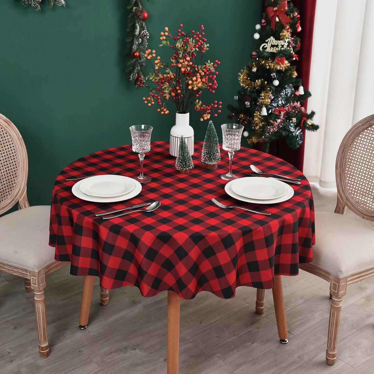 Waterproof Plaid Tablecloth Fabric - Round 58 Inch Classic Gingham Checker Table Cloth for Indoor/Outdoor Use - Buffalo Table Cover for Picnics, BBQs, and Parties