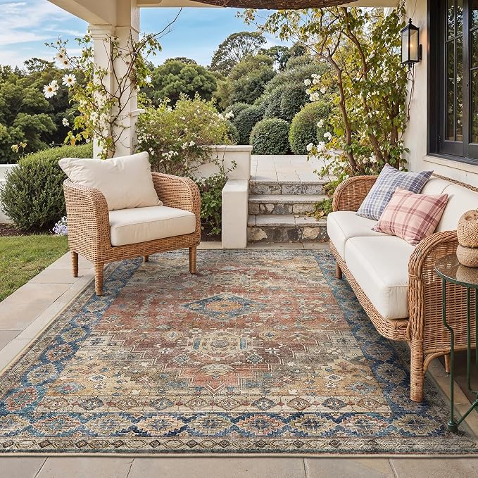 GENIMO Outdoor & Indoor Area Rug 8'x10', Waterproof, Non-Shedding, Easy Cleaning, Boho Mat for Patio, Living Room, Balcony, Dining Room, RV, Deck, Bedroom, Camping, Outside Carpet,Antique Red