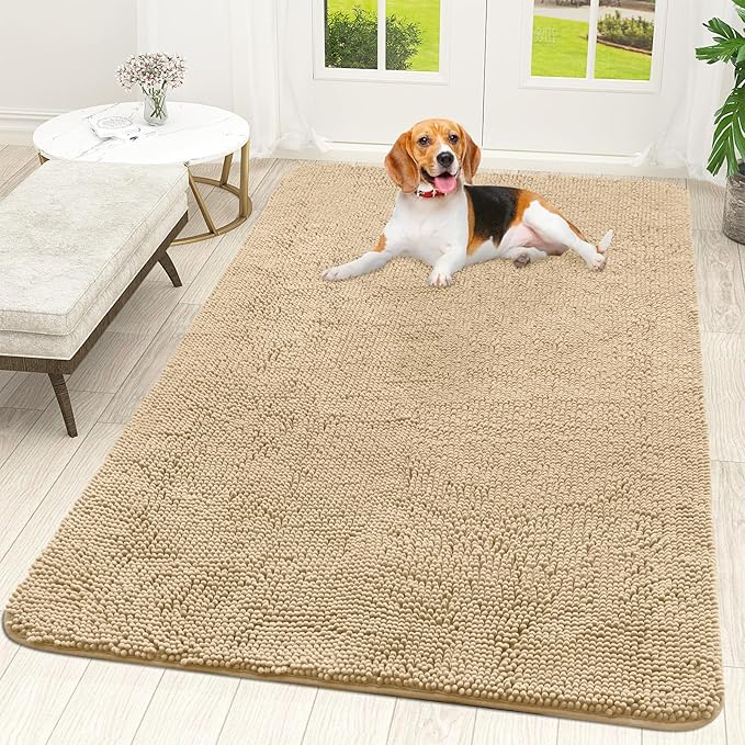OLANLY Dog Door Mat for Muddy Paws 70x46, Absorbs Moisture and Dirt, Absorbent Non-Slip Washable Doormat, Quick Dry Chenille Mud Mat for Dogs, Entry Indoor Entryway Carpet for Inside Floor, Beige