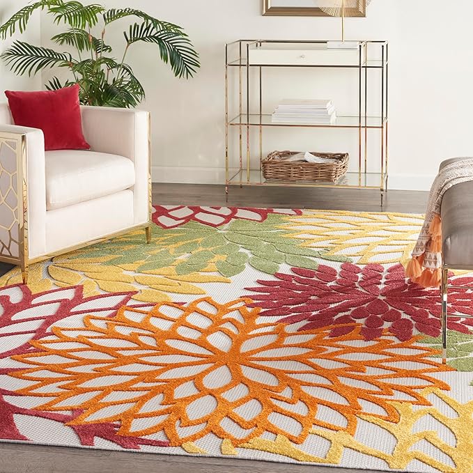 Nourison Aloha Indoor/Outdoor Red Multi Colored 9' x 12' Area Rug, Tropical, Botanical, Easy Cleaning, Non Shedding, Bed Room, Living Room, Dining Room, Deck, Backyard, Patio (9x12)
