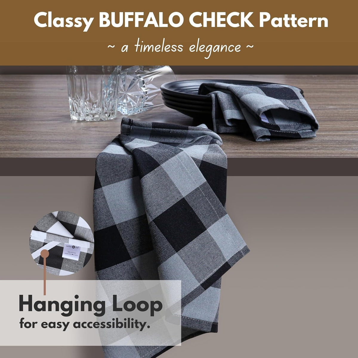 Native Fab 12 Pack Buffalo Check Kitchen Dish Towels, Cotton, Durable, Washable 16"x26" - Tea Towels, Soft Absorbent Cleaning Towel, Hand Towels with Hanging Loop - Black, Grey