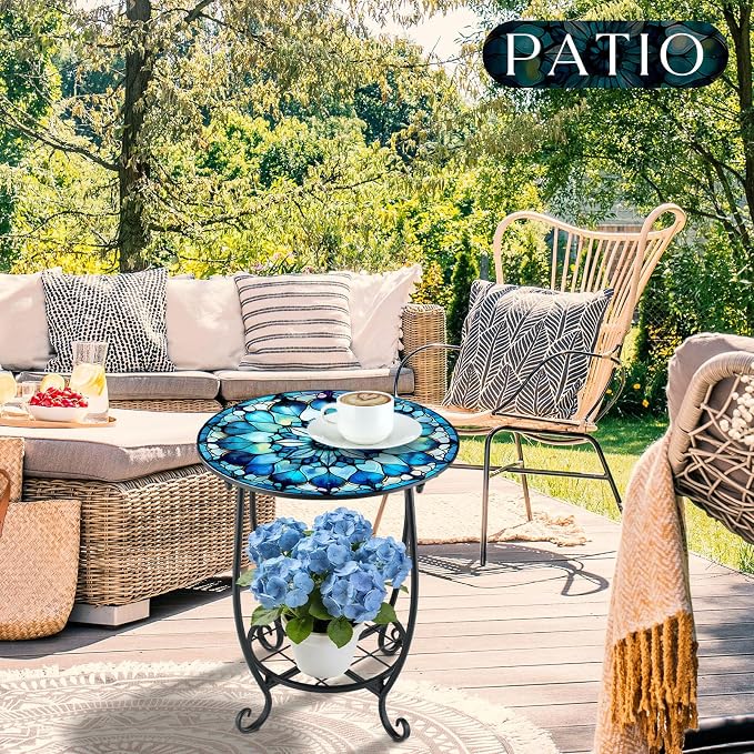 Cinnvoice Outdoor Side Table Round Small Mosaic Patio Accent Indoor End Plant Coffee Tea Table for Yard Patio Porch Garden Living Room, Bedroom(Mandala Style,18 Inch)