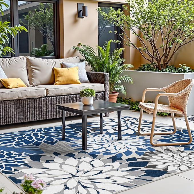 5x8 Outdoor Area Rug Washable Multicolored Patio Rug Tropical Botanical Floral Chenille Waterproof Outdoor Carpet for Living Room, Deck, Backyard, Porch, Blue