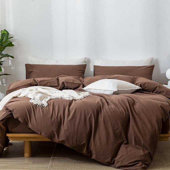 MooMee Bedding Duvet Cover Set 100% Washed Cotton Linen Like Textured Breathable Durable Soft Comfy (Solid Cocoa Brown, Super Queen 90"x98")