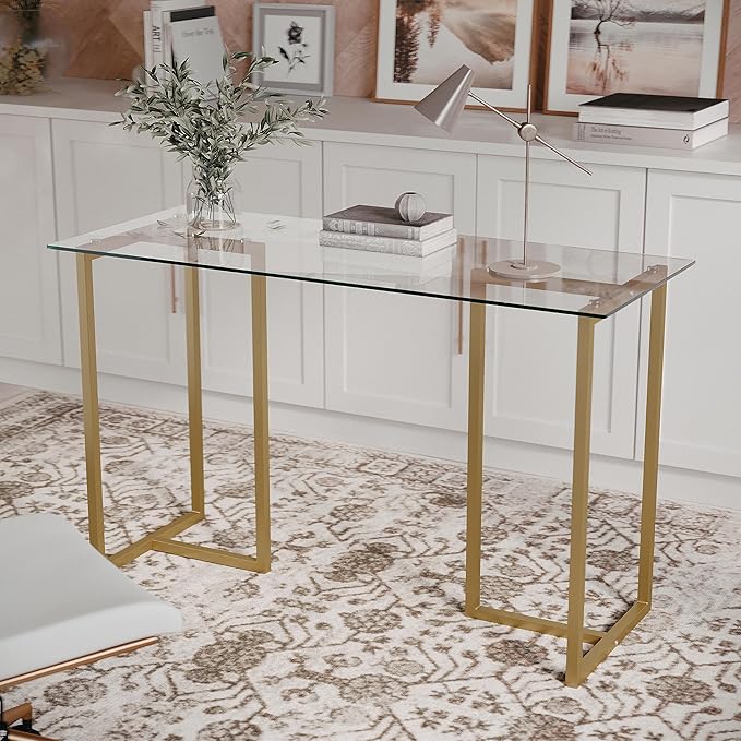 Martha Stewart Eli Home Office Desk with Glass Top and Steel Frame, Polished Brass