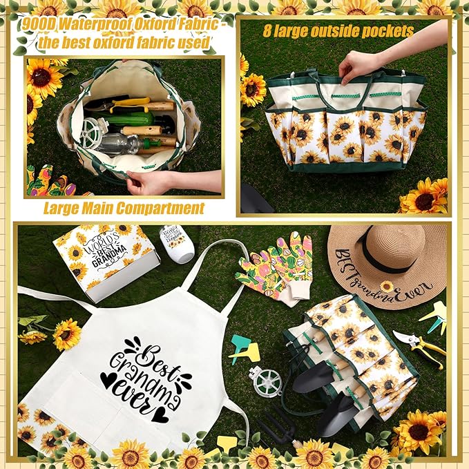 Lasnten 16 Pcs Mothers Day Garden Gift for Grandma Women Garden Tools Sunflower Birthday Gardening Supplies from Grandson Gloves Apron Insulation Cup Fork Trowel Tote Bags for Plant Lover Present