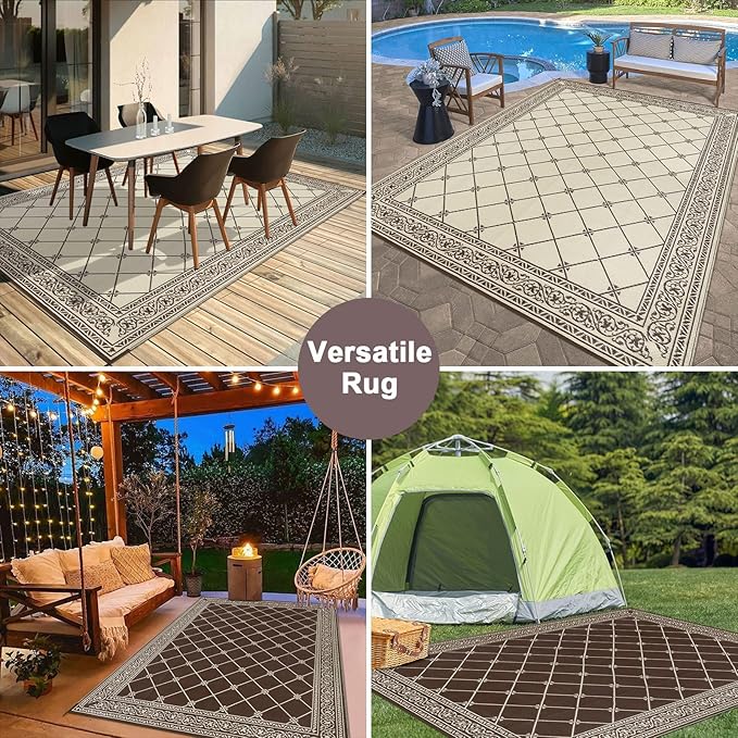 HiiARug Outdoor Rugs 9x12 for Patios Clearance Brown Camping Rug for RV Outside, Reversible Waterproof Plastic Straw Rug Large Outdoor Rug for Porch Beach Picnic Camper