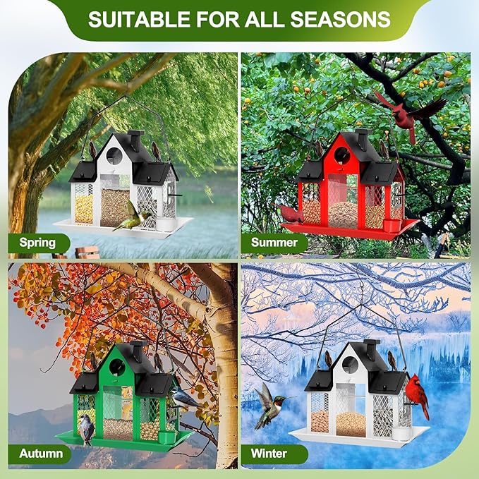 Solar Bird Feeders House for Outdoors Hanging, 7LBS Large Capacity Metal Wild Bird Feeder Squirrel Proof for Outside with Water Cup, Cardinal Birdfeeder Birdhouses Gift for Bird Lovers (Red)