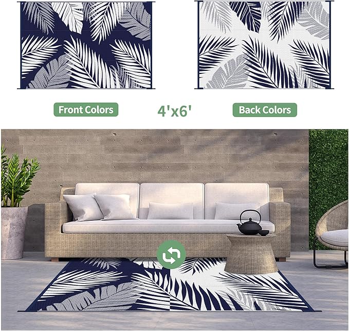 GENIMO Outdoor Rug 4' x 6' Waterproof for Patios Clearance, Reversible Outdoor Plastic Straw Camping Rug Carpet, Large Area Rugs Mats for RV, Camper, Deck, Balcony, Porch, Beach, Navy Blue&White
