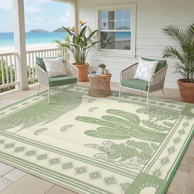 Garvee Waterproof Outdoor Rug 5x8, Cactus Botanical Outdoor Plastic Straw Rug for Camping, Reversible RV Mat Outside, Indoor Outdoor Carpet for Porch, Deck, Backyard, Balcony, Picnic, Sage Green