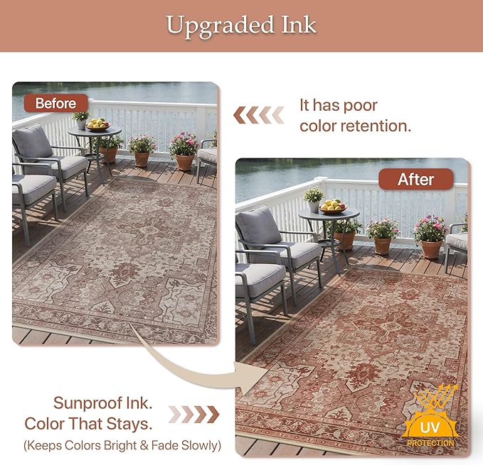 GENIMO Outdoor & Indoor Area Rug 10'x14', Waterproof, Non-Shedding, Easy Cleaning, Boho Mat for Patio, Living Room, Balcony, Dining Room, RV, Deck, Bedroom, Camping, Outside Carpet,Brown Red