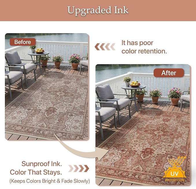 GENIMO Outdoor & Indoor Area Rug 9'x12', Waterproof, Non-Shedding, Easy Cleaning, Boho Mat for Patio, Living Room, Balcony, Dining Room, RV, Deck, Bedroom, Camping, Outside Carpet,Brown Red