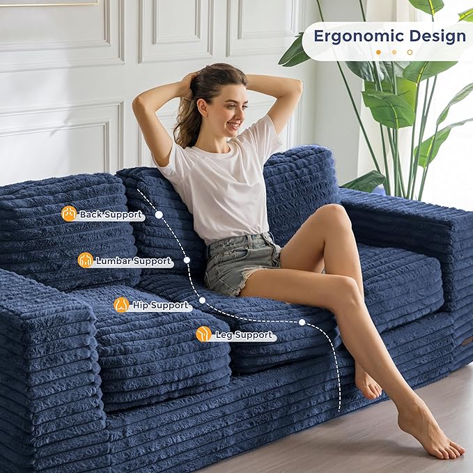 MAXYOYO 3-Seater Boneless Sofa Couch in a Box, Modern Faux Fur Sofa for Living Room, Soft High-Density Foam Couch with Pillows, Fluffy & Supportive Lounge, No Assembly Required, Navy