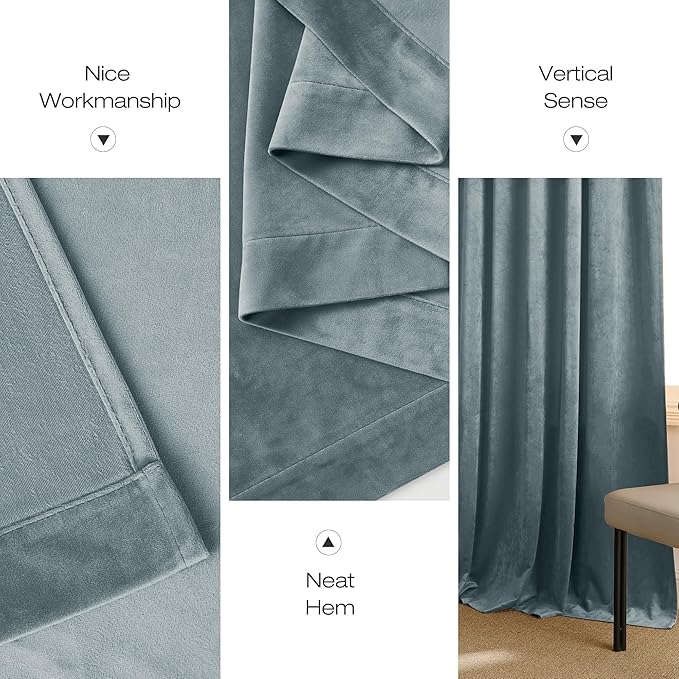 NICETOWN Stone Blue Velvet Room Darkening Curtains, Home Decor Light Blocking