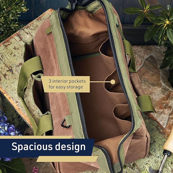 Waxed Canvas Tool Bag - 11.75” Heavy Duty Canvas Tote Bag Garden Caddy for Gardening Supplies or Tools with Wide Mouth 3 Interior and 3 Exterior Pockets - Gardening Gifts Men by Kings County Tools