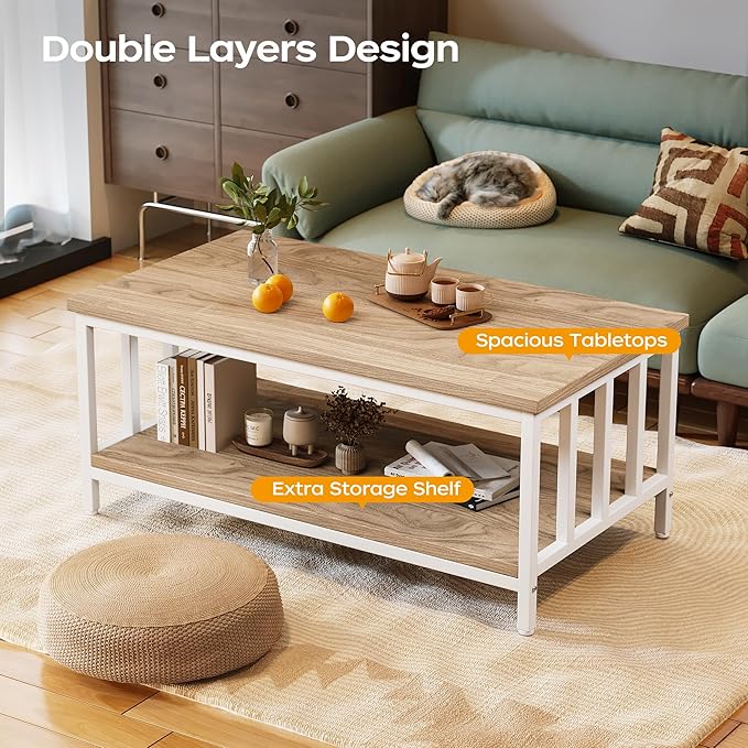 Coffee Table for Living Room with Slatted Sides Frame, Modern Farmhouse Living Room Table with 2-Tier Storage Shelf for Home Office, Apartment, 39 inch, Light Coffee