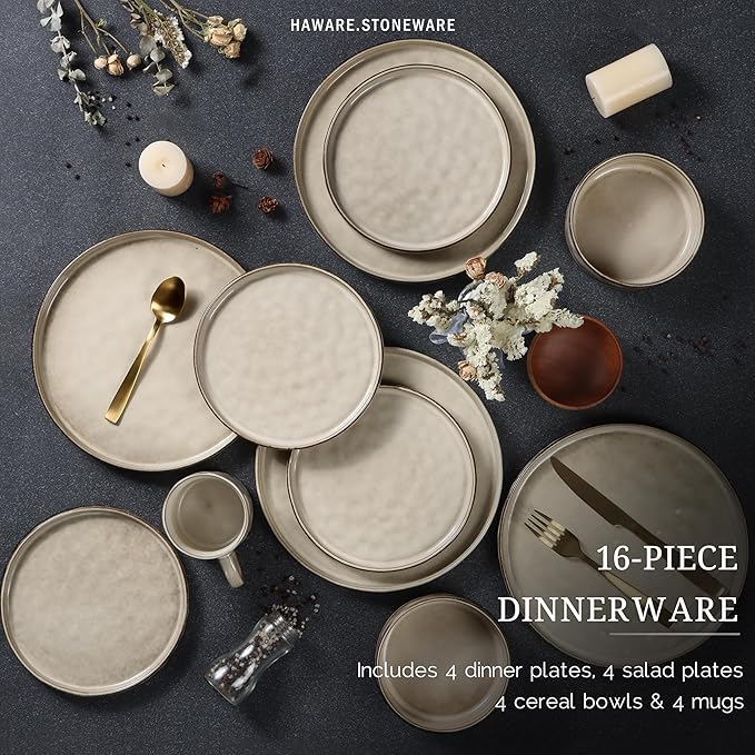 HaWare Dinnerware Sets, 16-Piece Stoneware Plates and Bowls Set, Dish Set for 4, Elegant Ceramic Dishware for Home Restaurant, Chip and Scratch Resistant, Microwave and Dishwasher Safe, Saturn Khaki