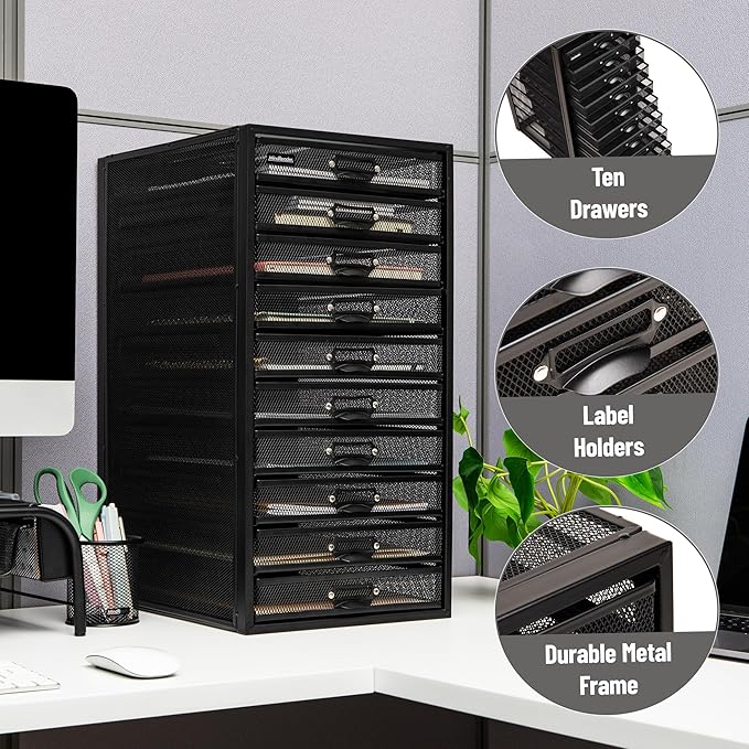 Mind Reader 10-Drawer Desk Organizer for Office Supplies, Crafts, Mail Sorting & More, Metal Mesh, 10.75"L x 14"W x 21.25"H, Black