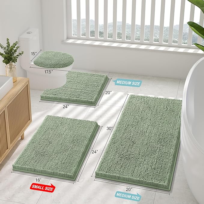 Smiry Luxury Chenille Bathroom Rugs 47x24, Extra Soft and Absorbent Shaggy Bath Mat, Machine Washable, Non-Slip Plush Carpet Runner for Tub, Shower, and Floor, Home Decor Accessories, Sage Green