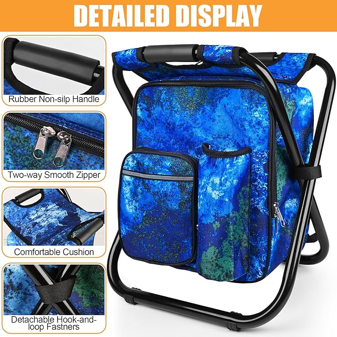 Kikerike Backpack Stool Cooler Chair Heavy Duty 300 LBS Max Load Portable Lightweight Stool Backpack Folding Fishing Cooler Seat for Camping Hunting Fishing - Ocean