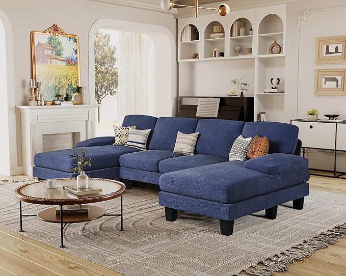 Furmax Sectional Couches for Living Room, U-Shaped Sofa Couch with Linen Fabric, 4 Seat Sofa Set with Double Chaise for Apartment (Loop Yarn, Navy Blue)