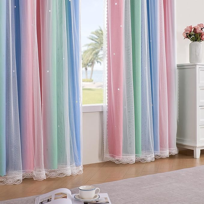 XiDi Curtains for Bedroom Decor, Rainbow Pink GreenBlue34/90/1