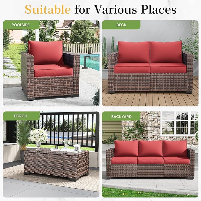 Amopatio Patio Couch, 2-Seat Outdoor Furniture, Wicker Porch Furniture Outdoor Couch Sofa with Water-Resistant Cover & Non-Slip Cushions, Premium Patio Set, Burgundy