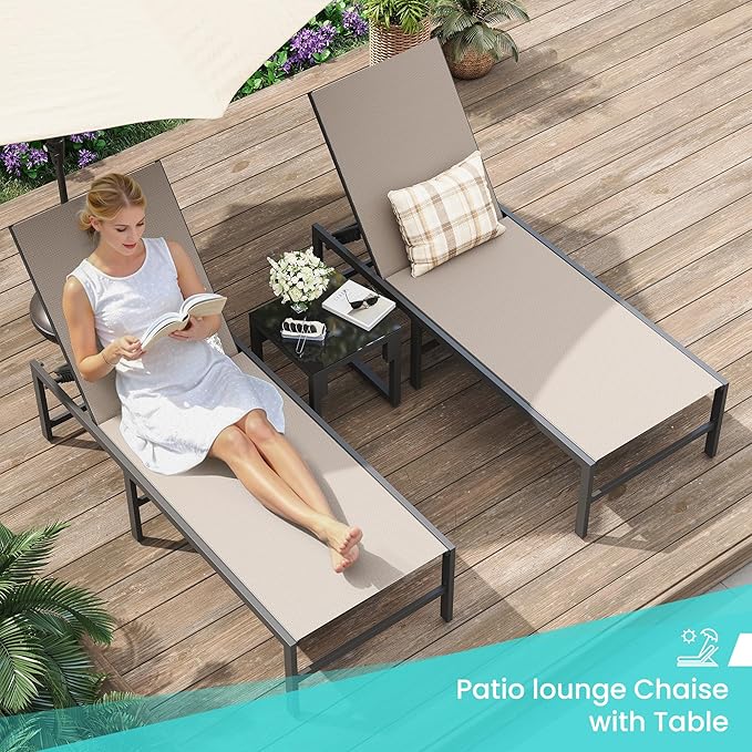 Amopatio Outdoor Lounge Chairs Poolside Chaise Lounge for Patio | Weather Resistant Rust Free Frame Breathable Textilene 5-Position Adjustable Backrest 400 LBS Capacity