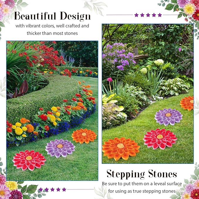 Cinnvoice 3 Pack Garden Stepping Stone Outdoor, Decorative Dimensional Resin Stepping Stones for Patio Pathway Landscaping Walkway Sculpture Yard Backyard Lawn(Dahlia,10 Inches)