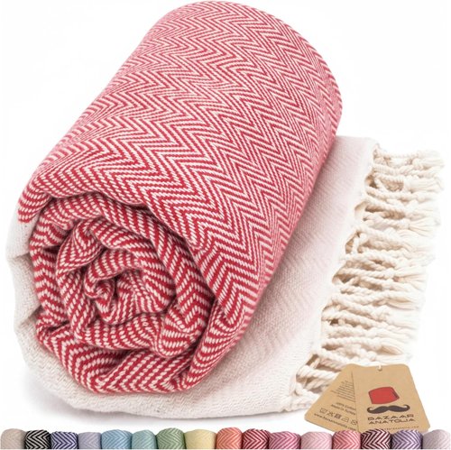 Bazaar Anatolia Turkish Beach Towel - 100% Cotton, Quick Dry, Sand-Free, Large 71x39, Herringbone Red