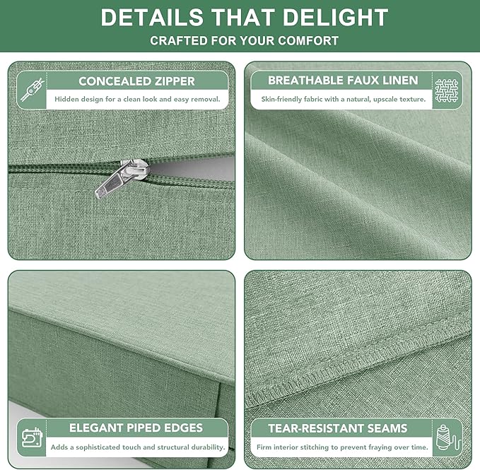 Summsun Outdoor Cushions for Patio Furniture, Faux Linen Water Resistant Backrest and Seat Cushion Set with Removable Cover, Ties, Non-Slip Bottom, 19 x 19 Inch, Sage Green, Set of 2