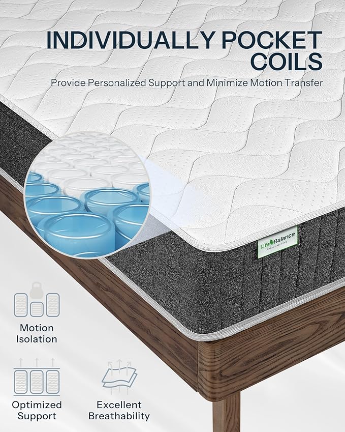 Life Balance Full Bed Mattress 12 Inch, Spinal Alignment Mattress with Individual Pocket Coils for Kids, CertiPUR-US Certified, Made in USA Full Size Mattresses in a Box, Medium Feel, CE-12-F