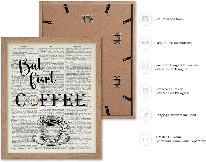 Poster Master Dictionary Art Poster - But First Coffee Print - Cafe Art - Gift for Men, Women, Coffee Lovers & Barista - Funny Decor for Kitchen, Restaurant or Dining Room, 16x20 Beige Framed