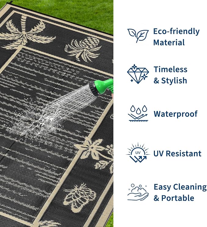 Garvee Outdoor Rug 8x10 Waterproof for Patios, Reversible Plastic Straw Rug, Tropical Leaf Indoor Outdoor Rugs, Large Area Rug for RV, Camping, Deck, Picnic Mat, Outside Carpet