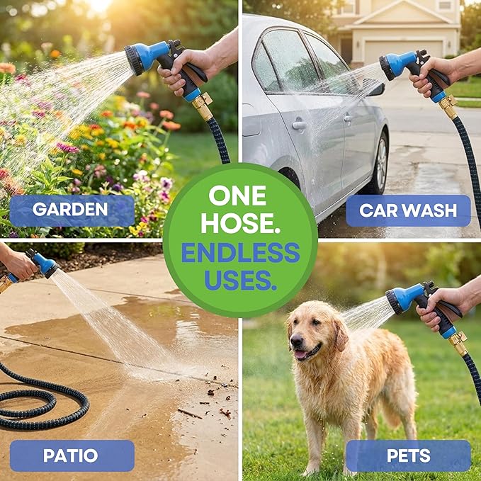 J&B XpandaHose 75ft Expandable Garden Hose with Holder - Heavy Duty Superior Strength 3750D - 4 -Layer Latex Core - Extra Strong Brass Connectors and 10 Spray Nozzle w/Storage Bag (Blue 75)