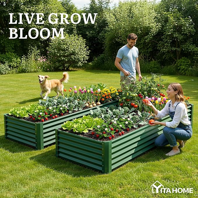 YITAHOME 6x3x1.5 2pcs Large Raised Garden Bed Kit, Galvanized Metal Planter Box with Gloves, Support Rod, Outdoor Above Ground Planters for Plants Vegetables Flowers, Green