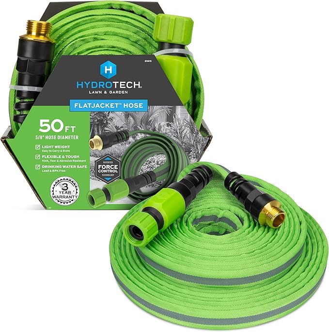 HydroTech FLATJACKET 5/8" 50 ft Garden Hose with Patented Force Control Technology - Flexible, Kink-Free, Lightweight Hose for Lawn, Garden, Car Washing, Deck and Patio Cleaning