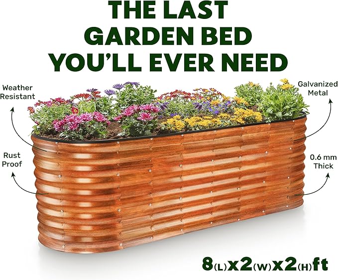 Plant & Plot Galvanized Raised Garden Beds Outdoor // 8×2×2 ft Planter Raised Beds for Gardening, Vegetables, Flowers (Dark Wood Grain) // Large Metal Garden Box // Patented Tool-Free Design
