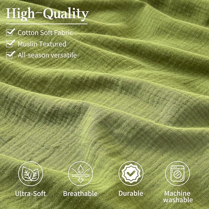 MEISHANG Muslin Duvet Cover King Size - 100% Organic Cotton, Soft Textured Gauze Weave Comforter Cover for Breathable All-Season with Zipper Closure - 3 Piece Set (King, Forest Green)