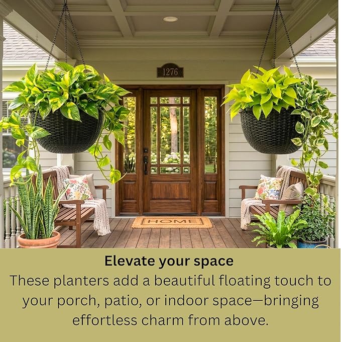 LaLaGreen Hanging Planters for Indoor Plants (11 Inch, 4 Pack) Self-Watering Round Rattan Style Flower Pots with Water Level Indicator, Black Metal Chain Hanging Baskets for Porch Garden Balcony Decor