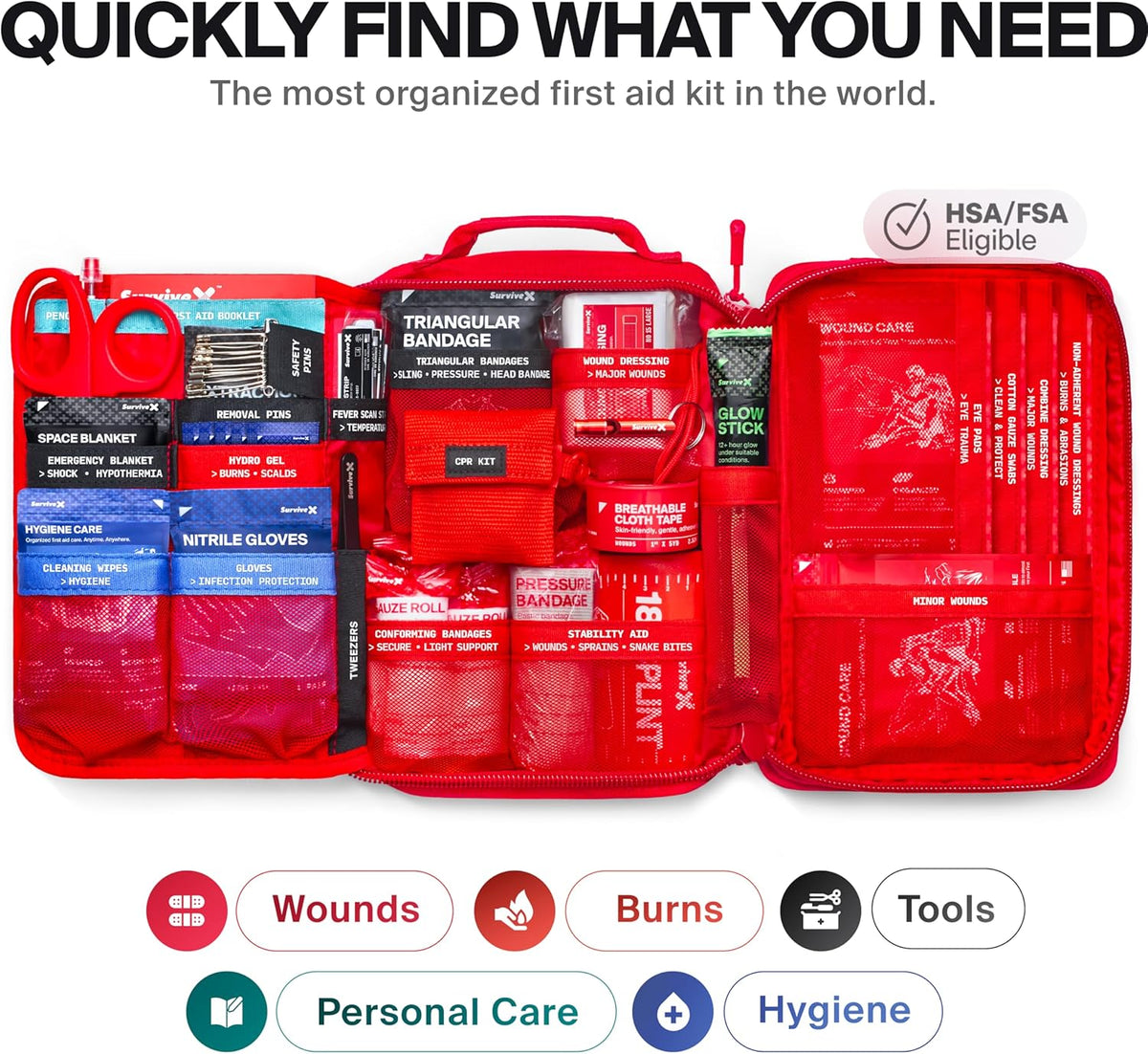 SurviveX Large First Aid Kit - Essential Emergency Supplies for Car, Travel, Hiking & Camping