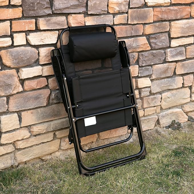 Outsunny Folding Patio Dining Chairs Set of 2, Outdoor Deck Chair with Adjustable Sling Back, Camping Chair with Removable Headrest for Garden, Backyard, Lawn, Black