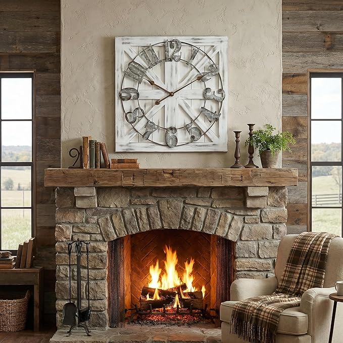 EMAX HOME Large Farmhouse Wall Clock – 24 Inch White Square Rustic Wooden Clock